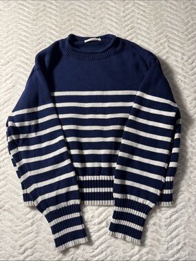 Striped Navy and White Cotton Crewneck Sweater - Women's, size L